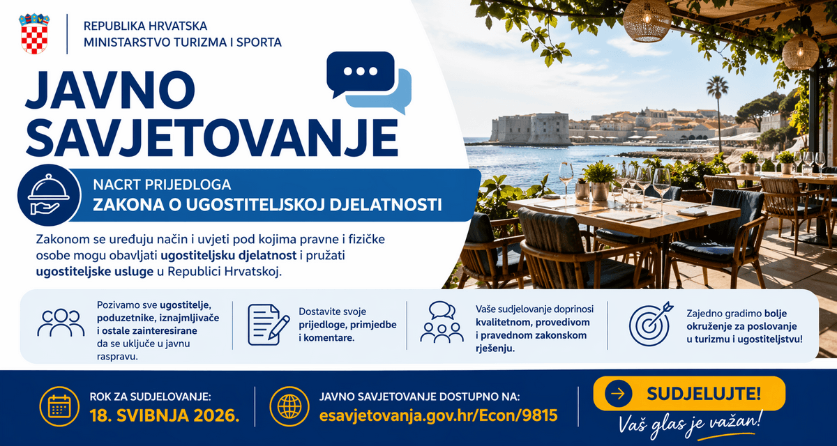 Obavijest - javno savjetovanje o Nacrtu prijedloga Zakona o ugostiteljskoj djelatnosti