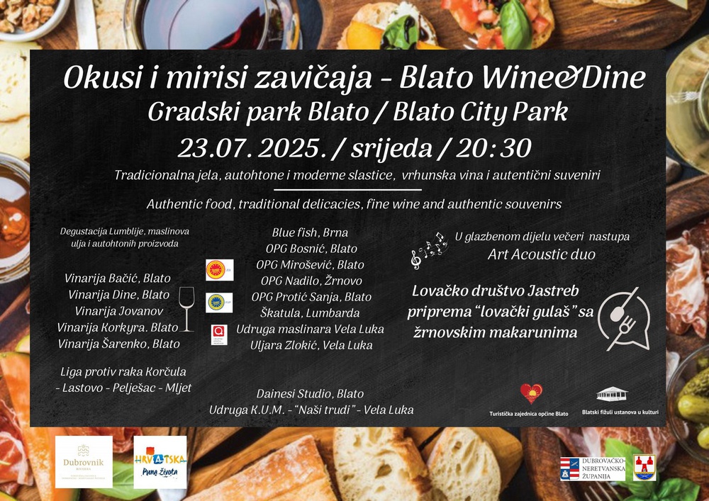 Okusi i mirisi zavičaja – Blato Wine and Dine, srijeda, 23.srpnja 2025. 20:30h 